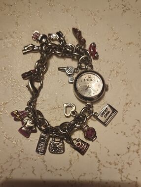 Mudd Silver Tone Charm Watch Bracelet with Pink Accents